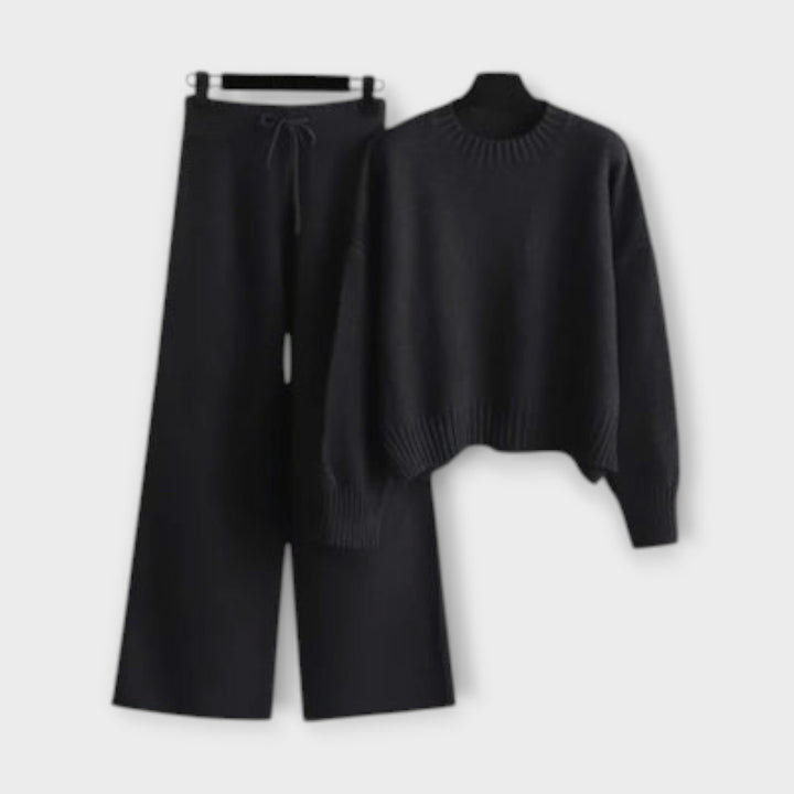 Stella - Schwarzes lässiges Strick-Set mit weiter Hose