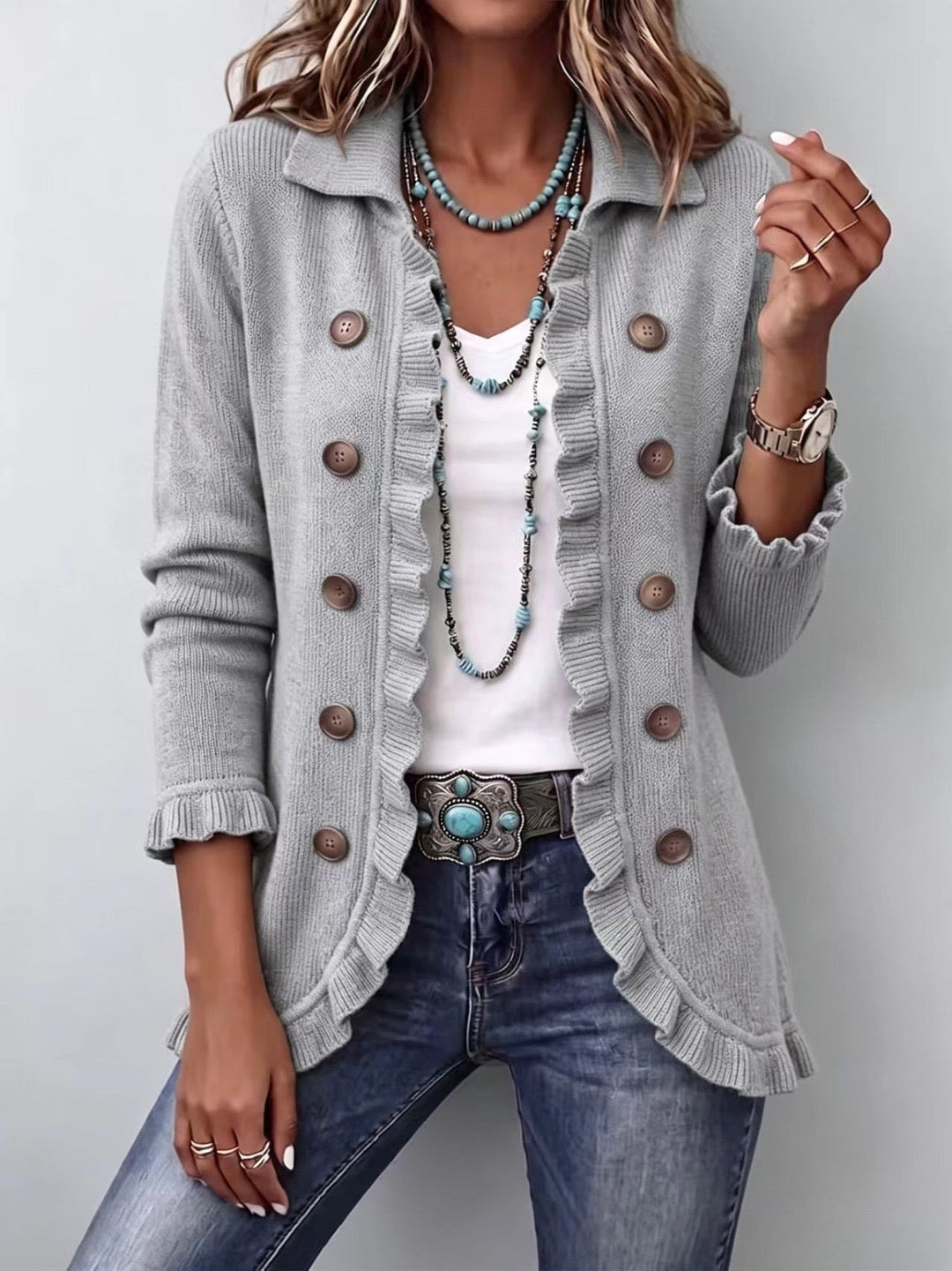 Jette | Graumelierte Rippstrickjacke mit Rüschen