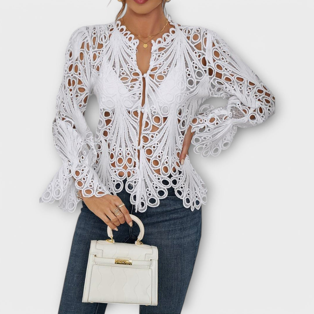 Savannah - Weisse asymmetrische Bluse mit Spitze