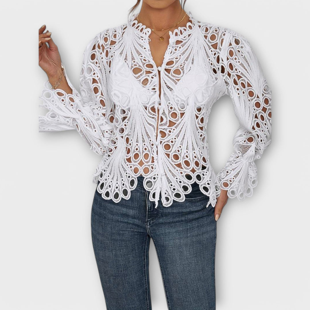 Savannah - Weisse asymmetrische Bluse mit Spitze