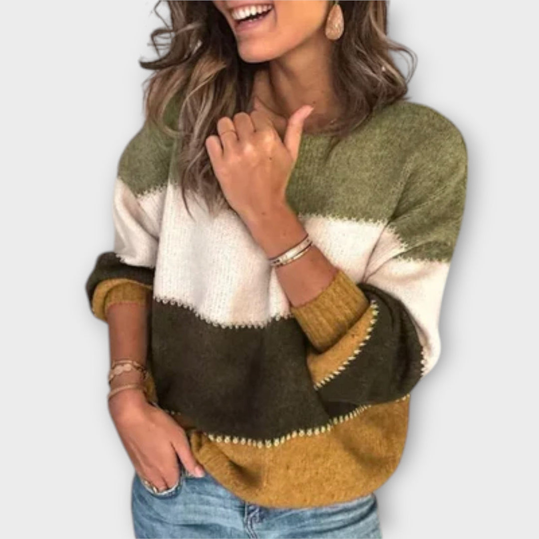 Elisa - Pull douillet vert olive et crème à blocs de couleurs
