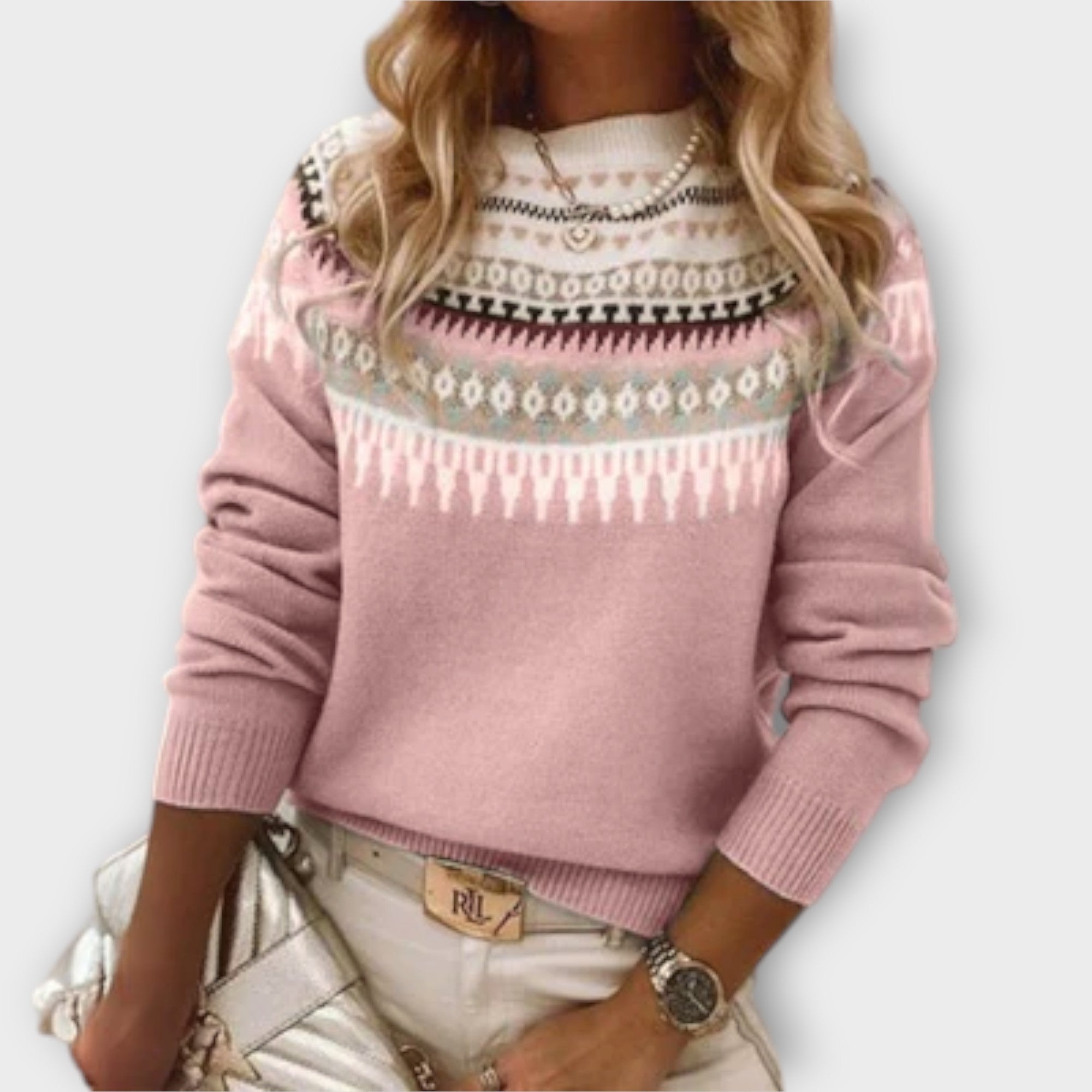 Lena - Grauer kuscheliger Alltags-Pullover mit Norweger-Muster