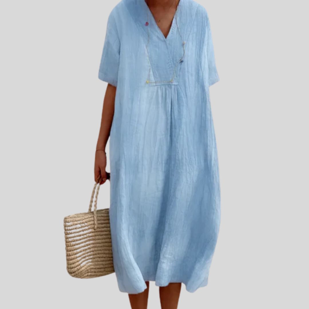 Abito in lino azzurro con scollo a V
