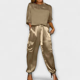 Khakifarbenes Satin-Set mit Top und Hose