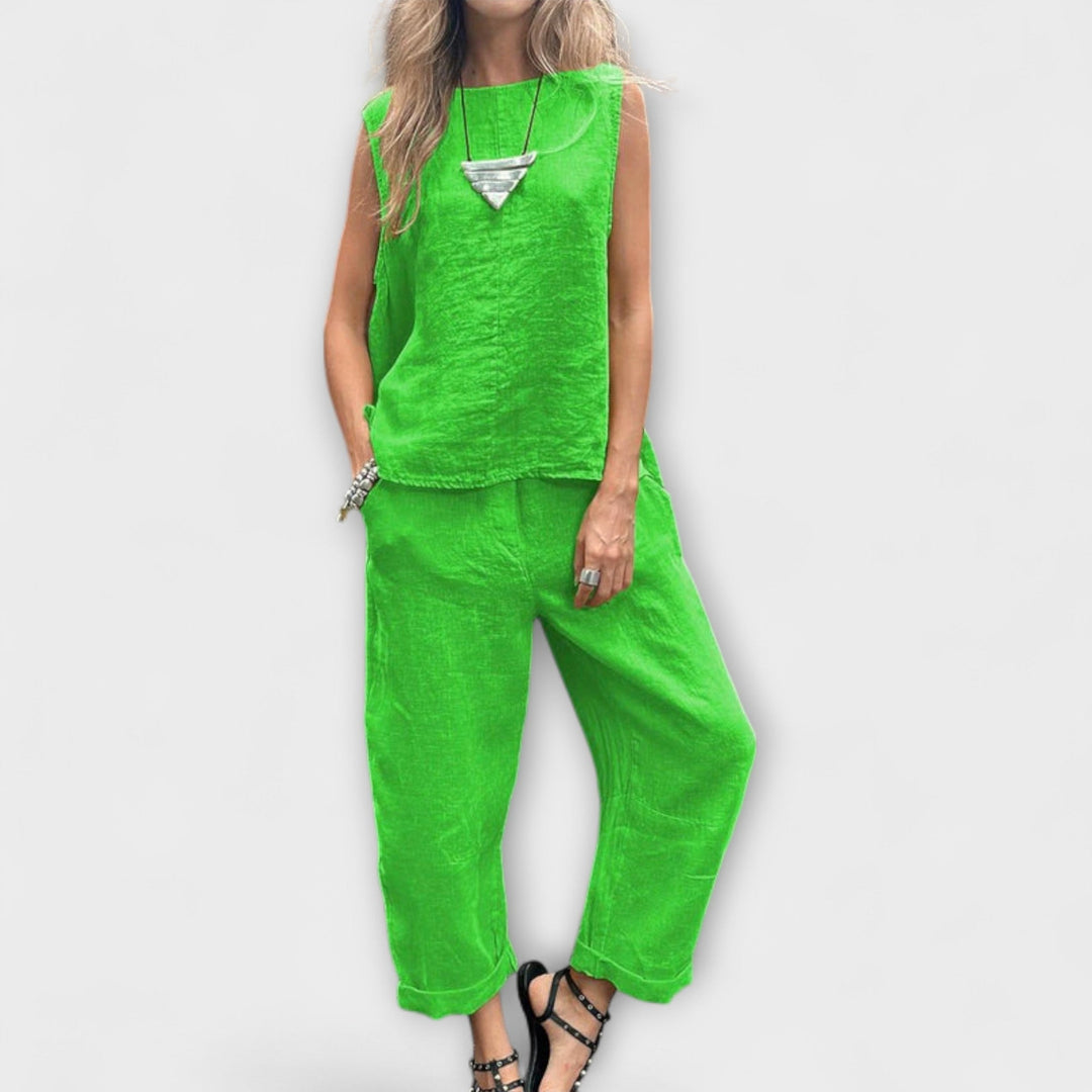 Jennifer - Completo in lino giallo con top smanicato