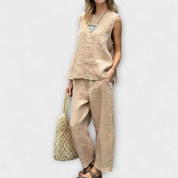 Jennifer - Completo in lino giallo con top smanicato
