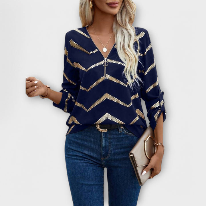 Emma - Camicetta blu scuro con zig-zag oro