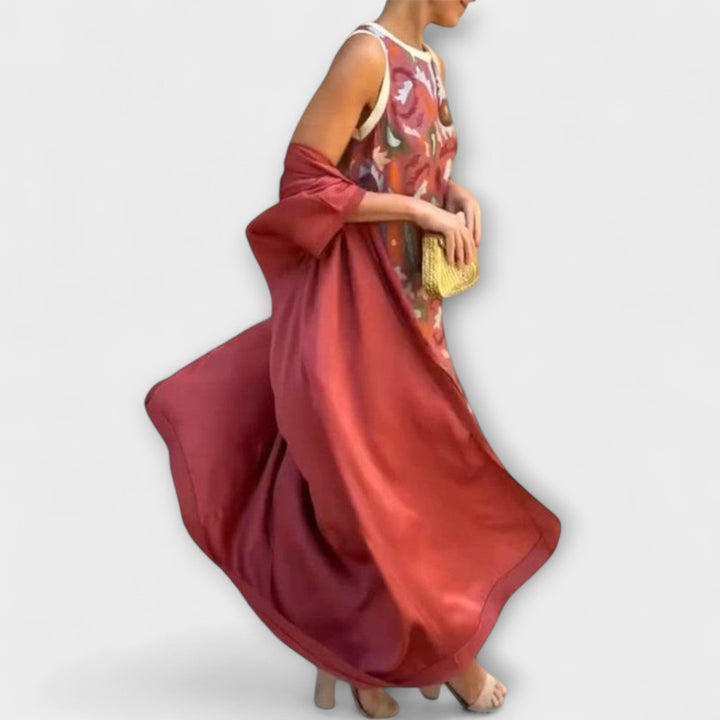 Selviane - Robe longue rouge avec cardigan assorti
