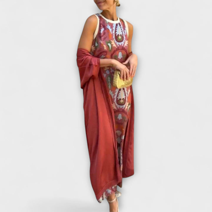 Selviane - Robe longue rouge avec cardigan assorti