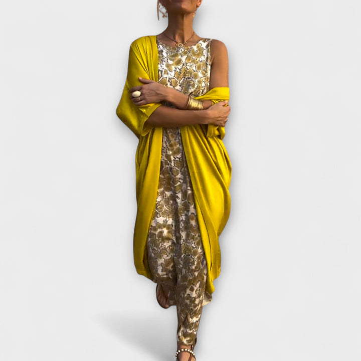 Charlotte - Robe jaune avec gilet à sequins assorti