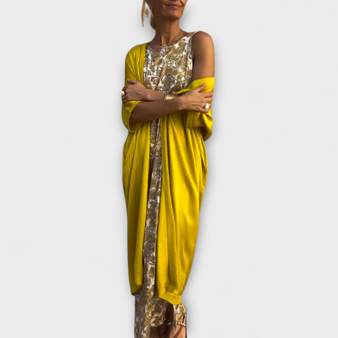 Charlotte - Robe jaune avec gilet à sequins assorti
