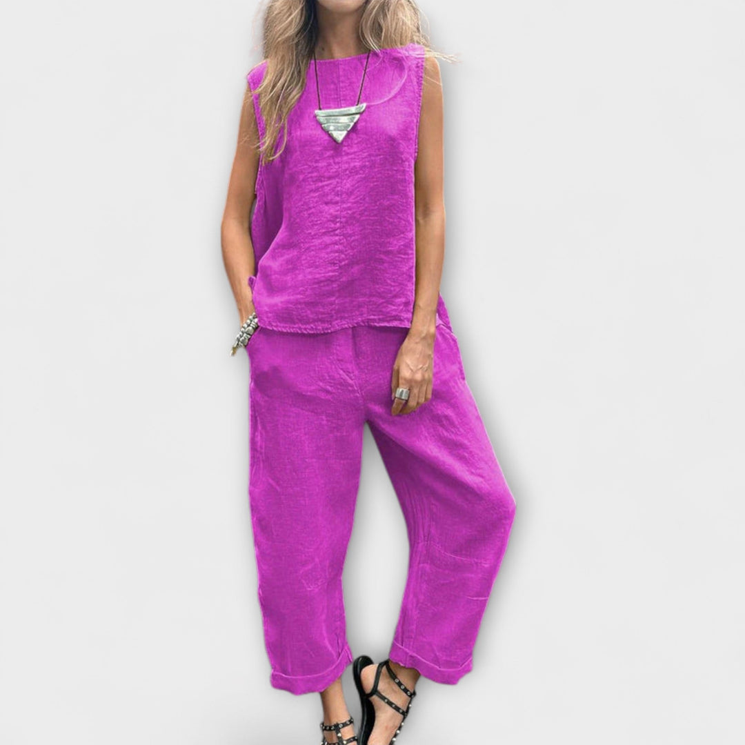 Jennifer - Completo in lino giallo con top smanicato