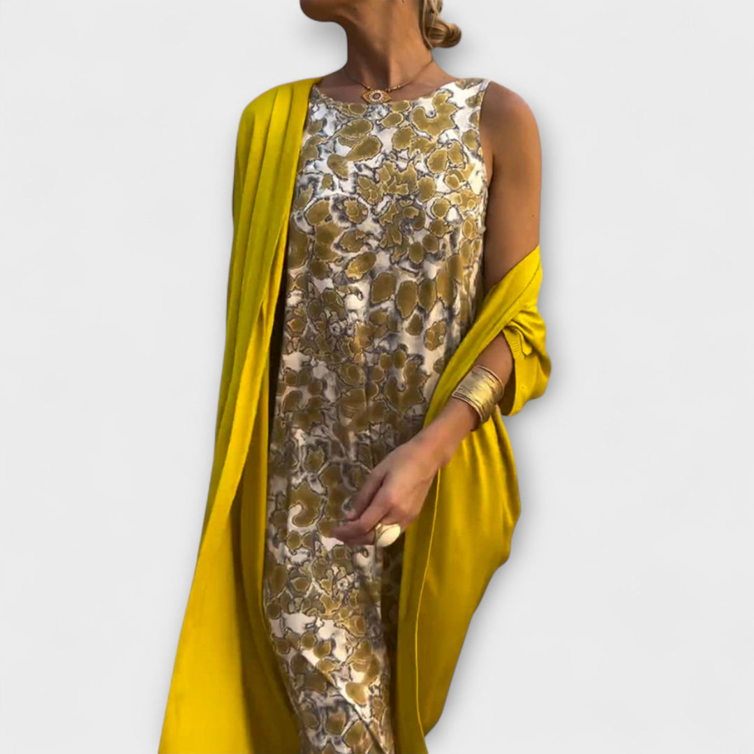 Charlotte - Robe jaune avec gilet à sequins assorti