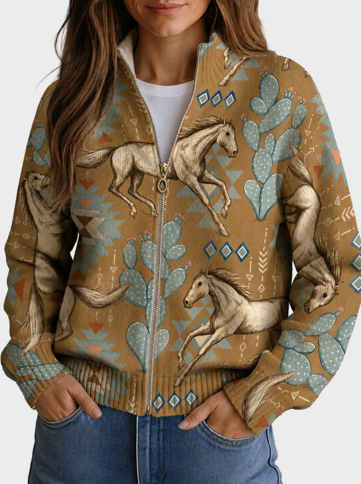 Perpetua - Wüstensattel und Kaktus Zip-Cardigan