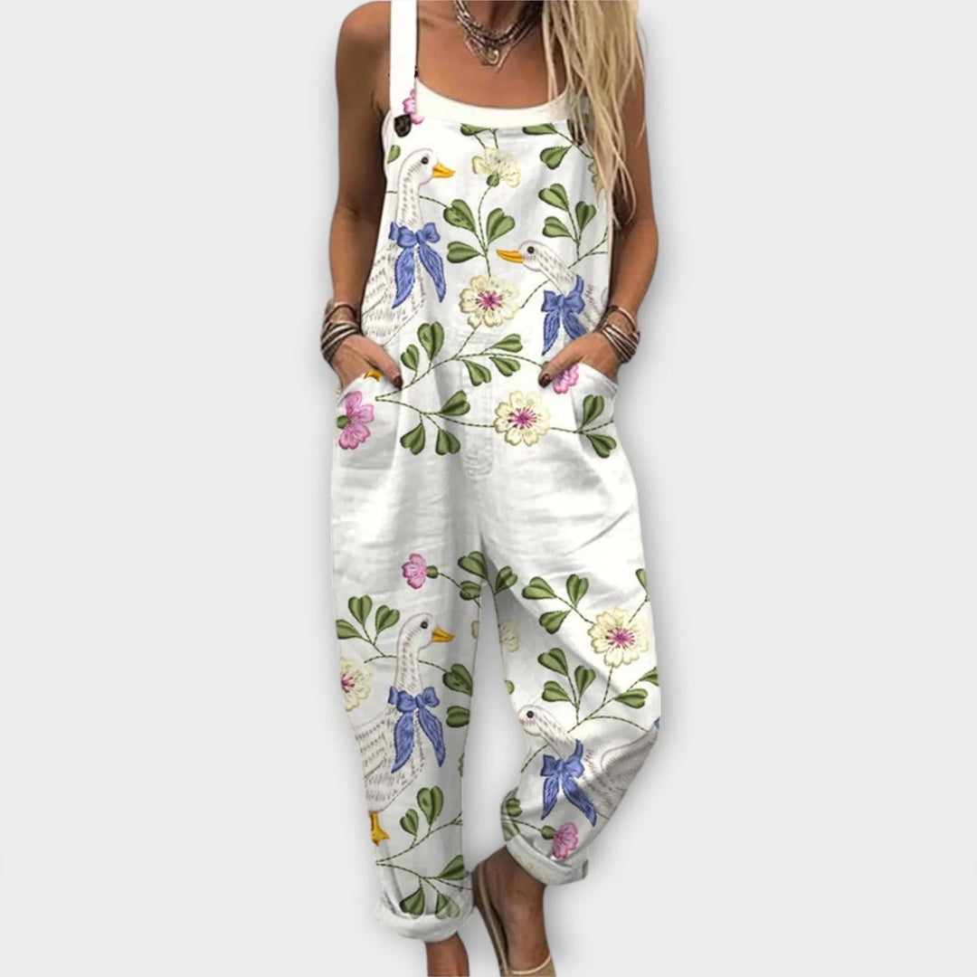 Annalena - Salopette bianca con fiori di campo