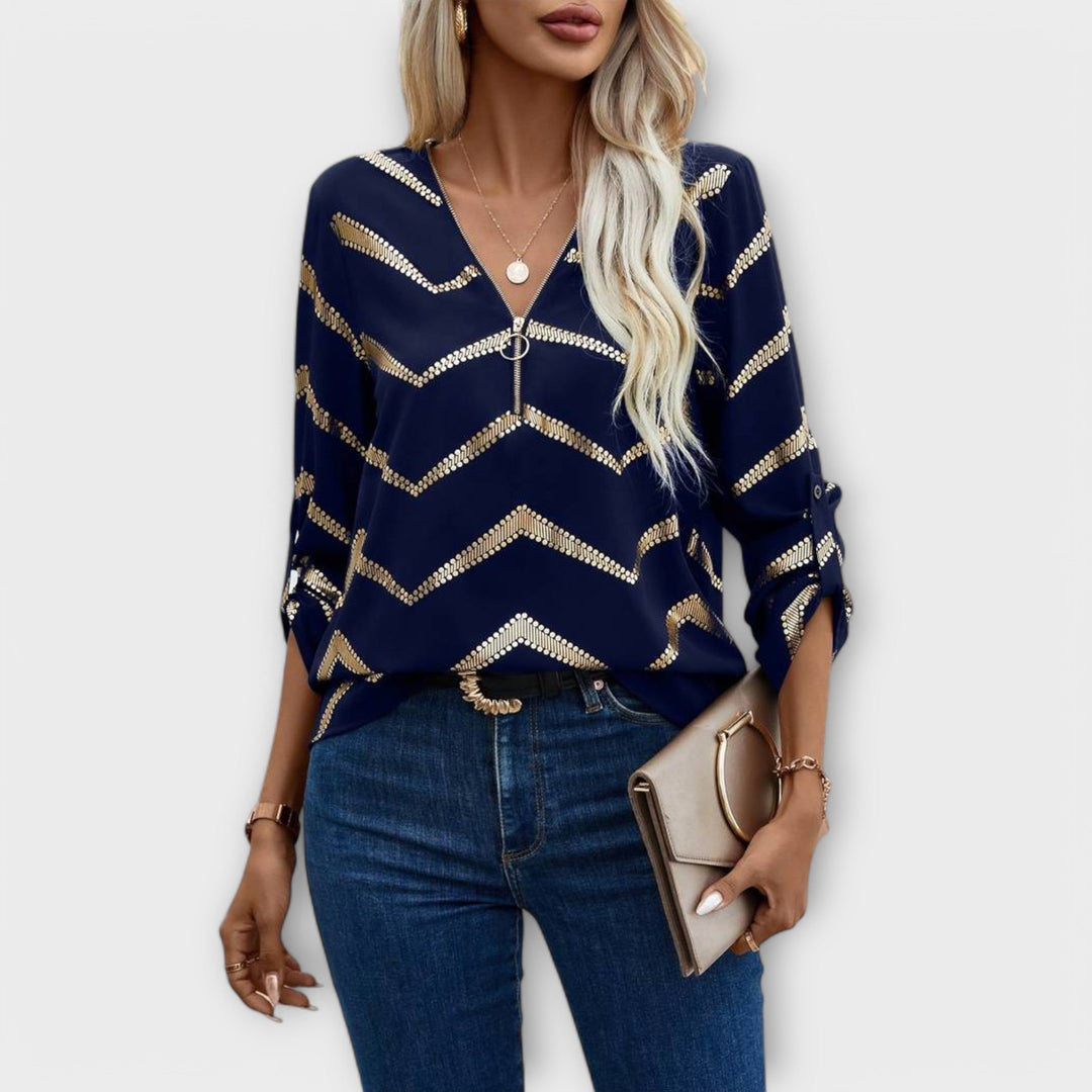 Emma - Camicetta blu scuro con zig-zag oro
