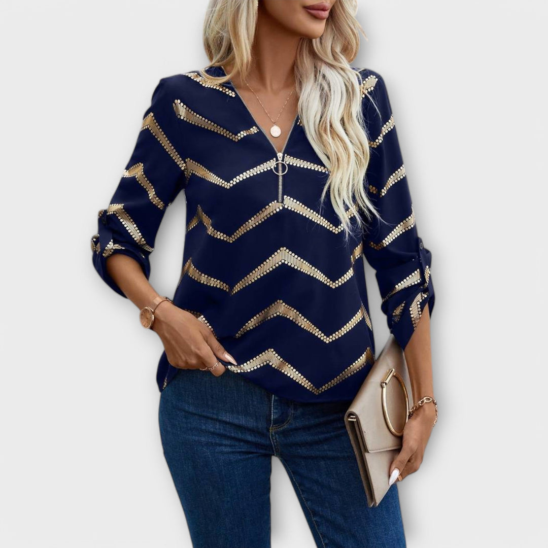 Emma - Camicetta blu scuro con zig-zag oro