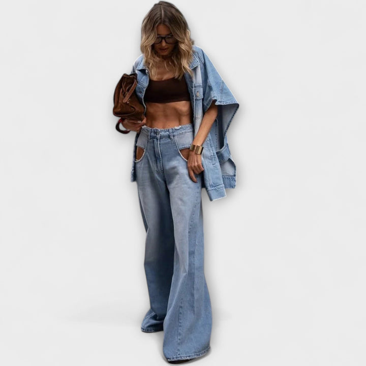 Blair - Completo in denim blu con pantaloni a gamba larga