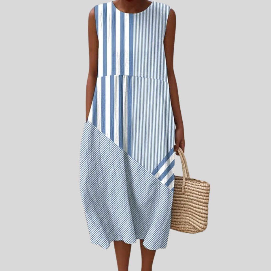 Vestito patchwork a righe azzurro