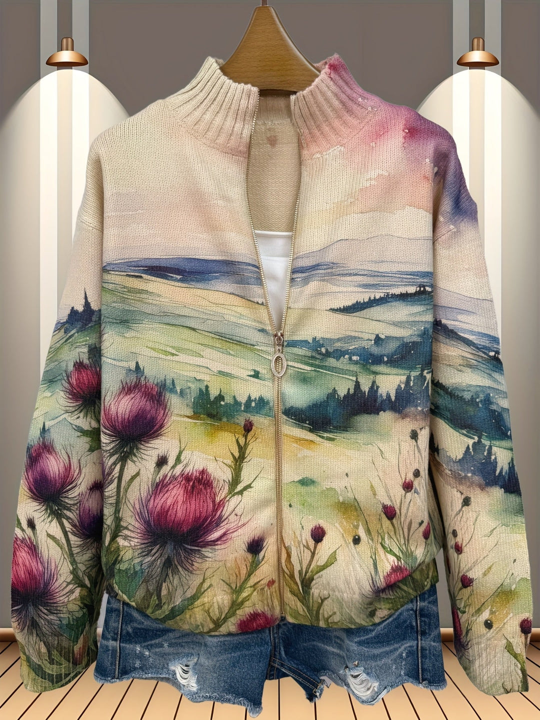 Zelda - Gilet zippé motif paysage de chardon écossais