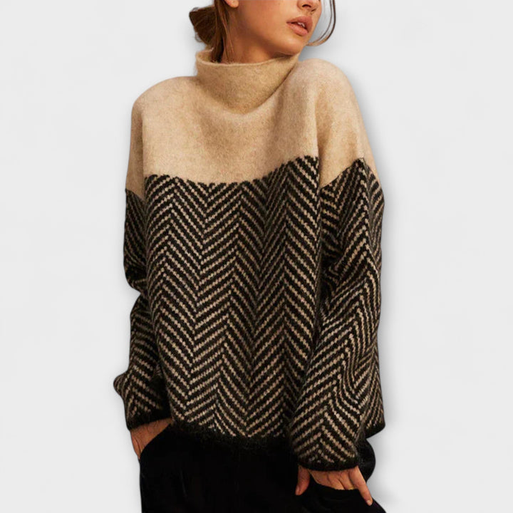 Agathe - Brauner Rollkragenpullover mit Fischgrätmuster