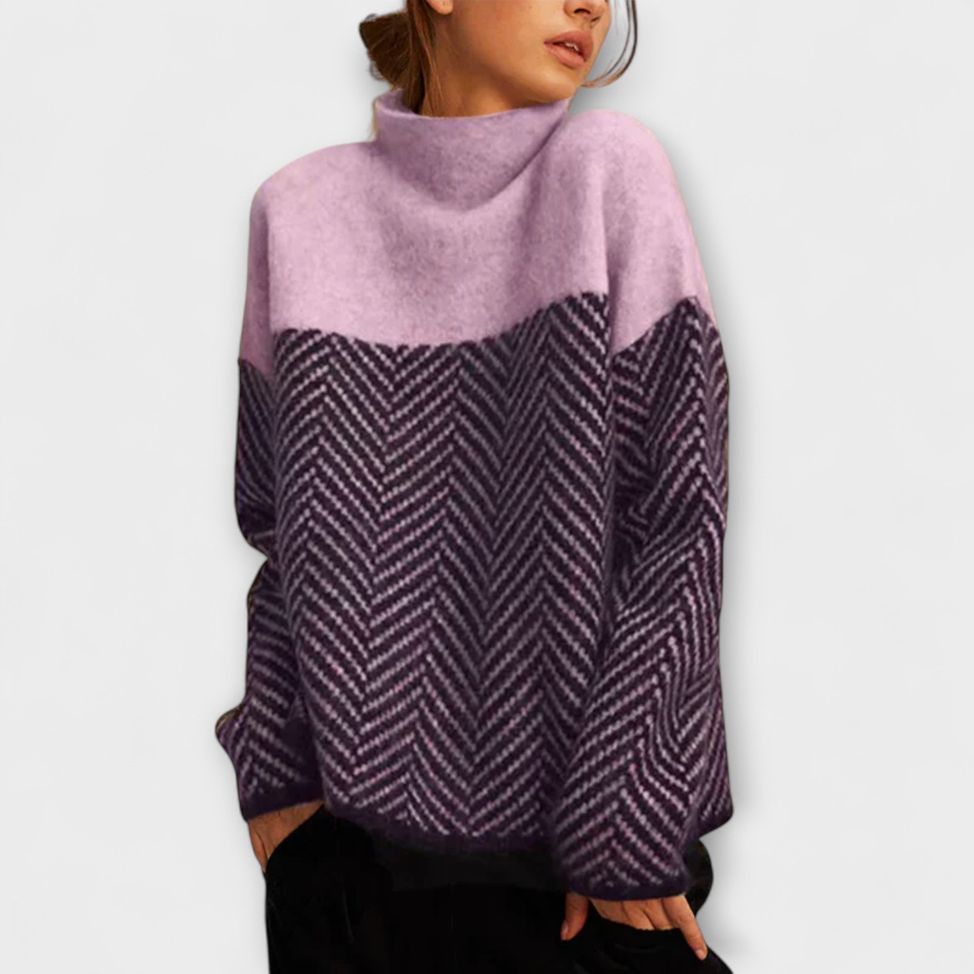 Agathe - Brauner Rollkragenpullover mit Fischgrätmuster