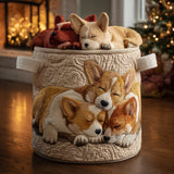 Wäschekorb mit dem Traum eines Corgis im Urlaub