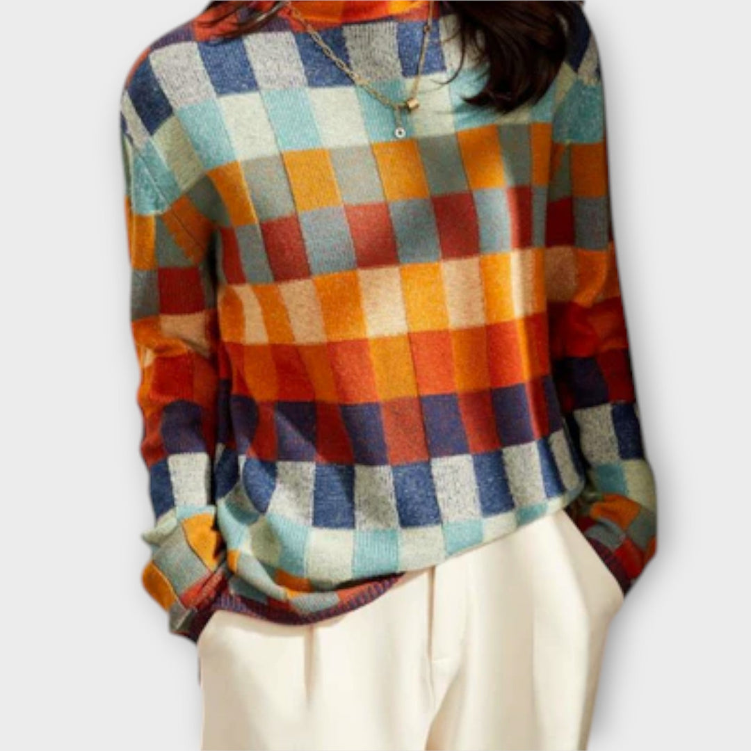 Erika - Pull à col roulé patchwork multicolore à motif à carreaux