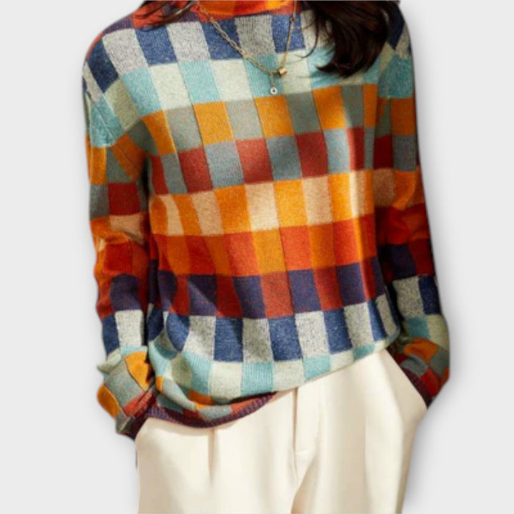 Erika - Pull à col roulé patchwork multicolore à motif à carreaux