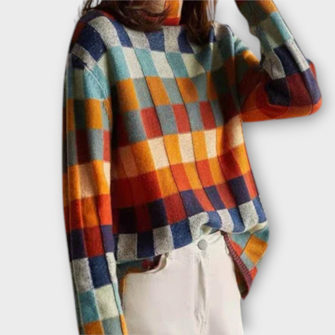 Erika - Pull à col roulé patchwork multicolore à motif à carreaux
