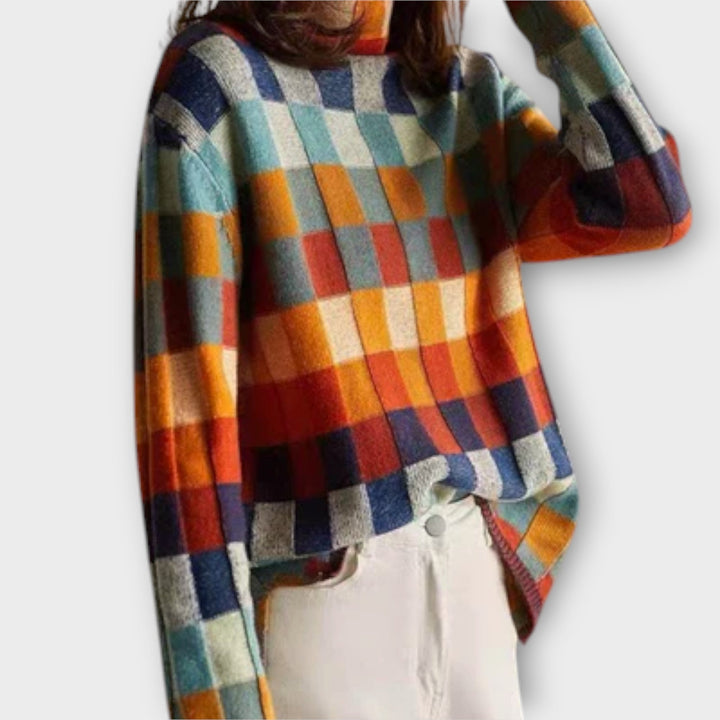 Erika - Pull à col roulé patchwork multicolore à motif à carreaux