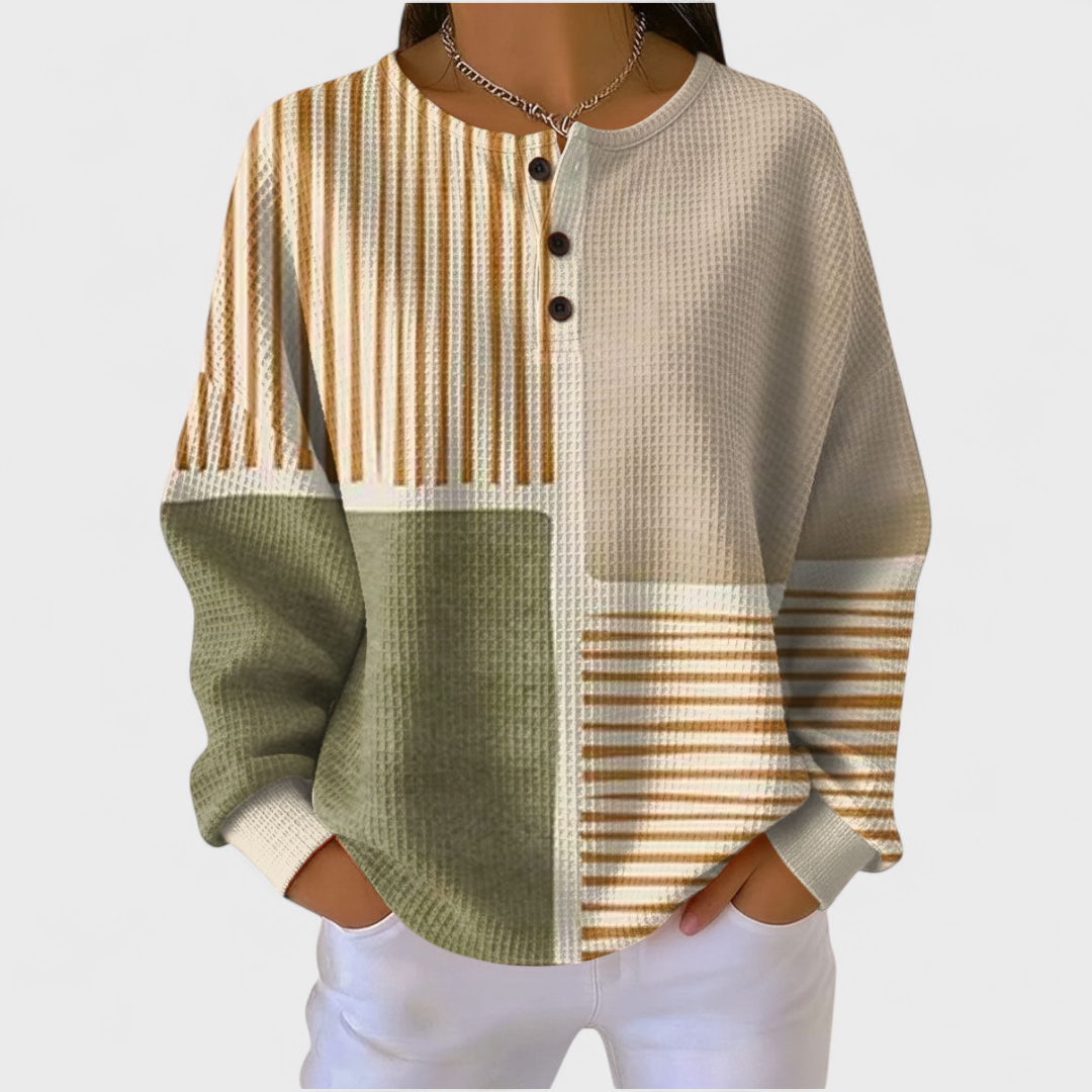 Le Luna | Pull beige à rayures et motif patchwork