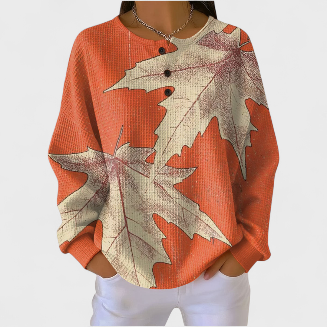 Das Manon | Oranger Pullover mit Herbstblatt-Motiv