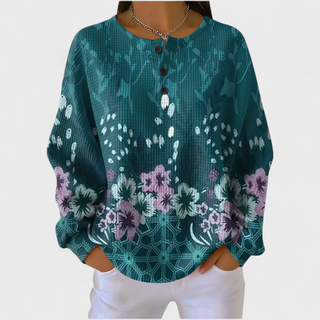 Das Nora | Petrolfarbener Pullover mit floralem Design