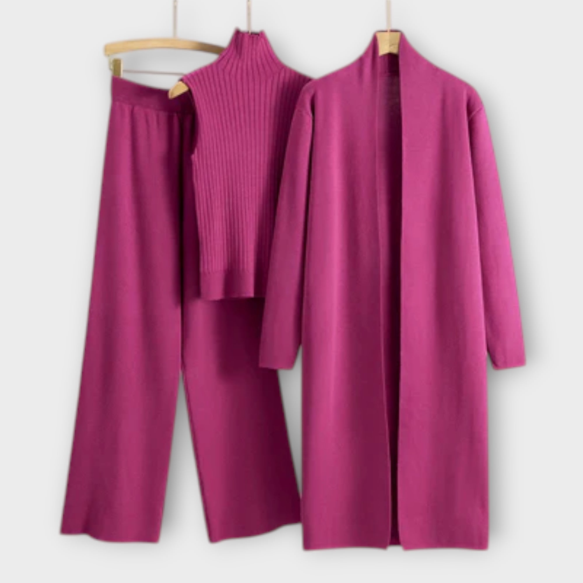 Isabella - Khakifarbenes dreiteiliges Strick-Set