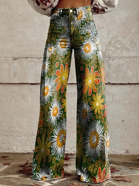 Floral bestickte Hose mit weitem Bein