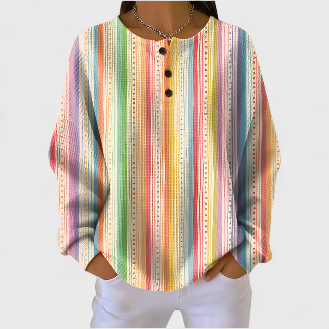 Le pull Sara | Pull à rayures multicolores avec patte de boutonnage