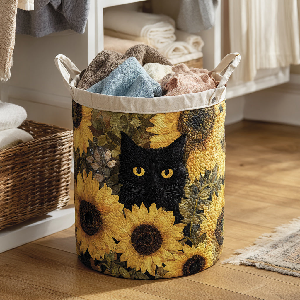 Cesto della biancheria con gatto nero e girasoli