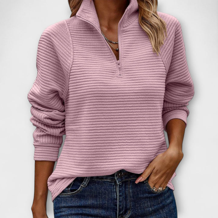 Vilja - Pullover a mezza zip rosa con motivo a coste