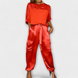 Khakifarbenes Satin-Set mit Top und Hose
