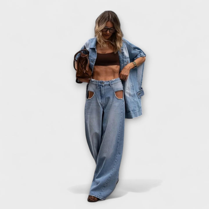 Blair - Completo in denim blu con pantaloni a gamba larga
