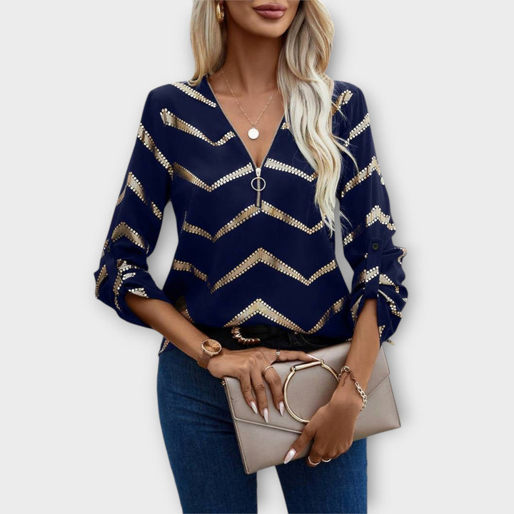 Emma - Camicetta blu scuro con zig-zag oro