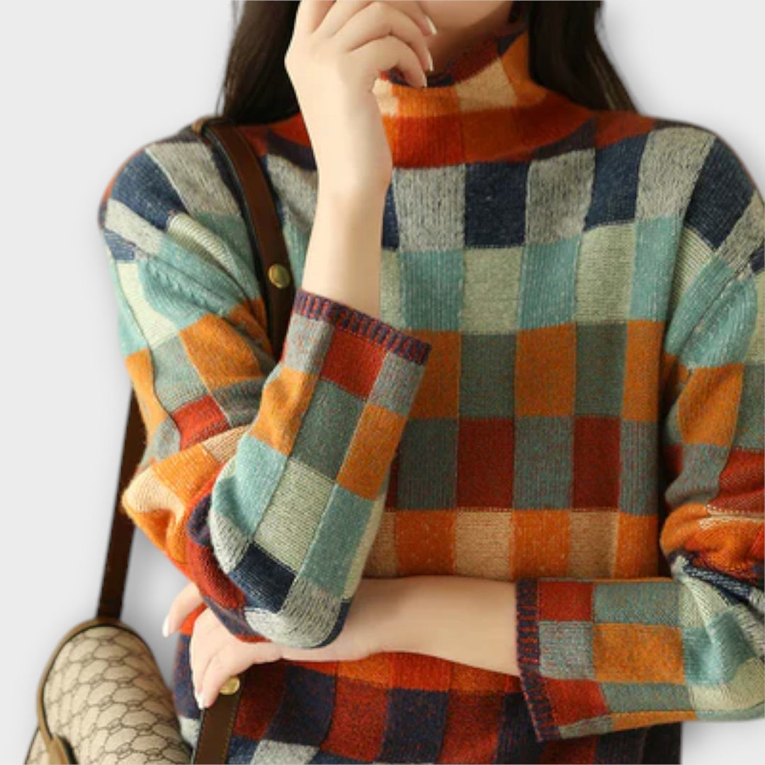 Erika - Pull à col roulé patchwork multicolore à motif à carreaux