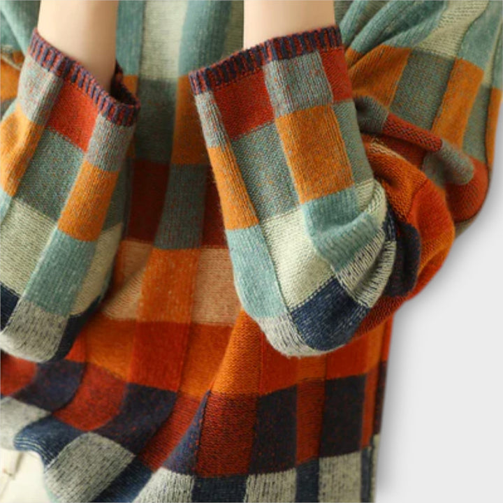Erika - Pull à col roulé patchwork multicolore à motif à carreaux
