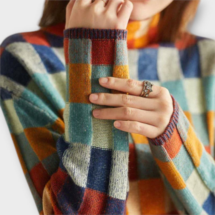 Erika - Pull à col roulé patchwork multicolore à motif à carreaux