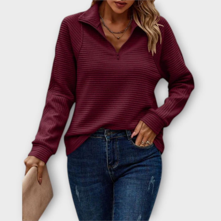 Vilja - Pullover a mezza zip rosa con motivo a coste