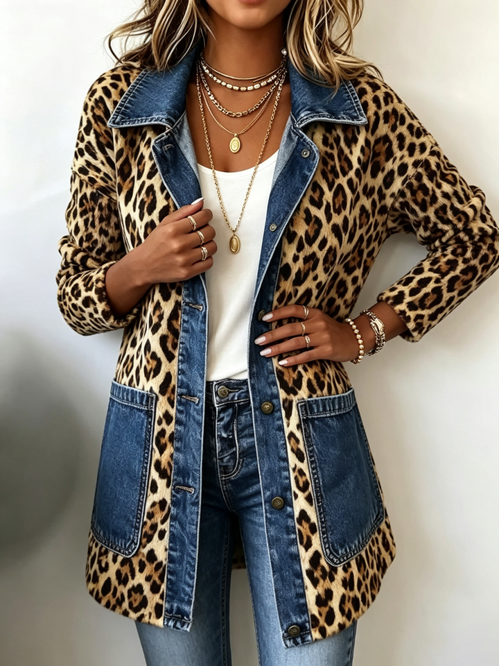 Maren | Lange Jacke mit Leopardenmuster und Jeansbesatz
