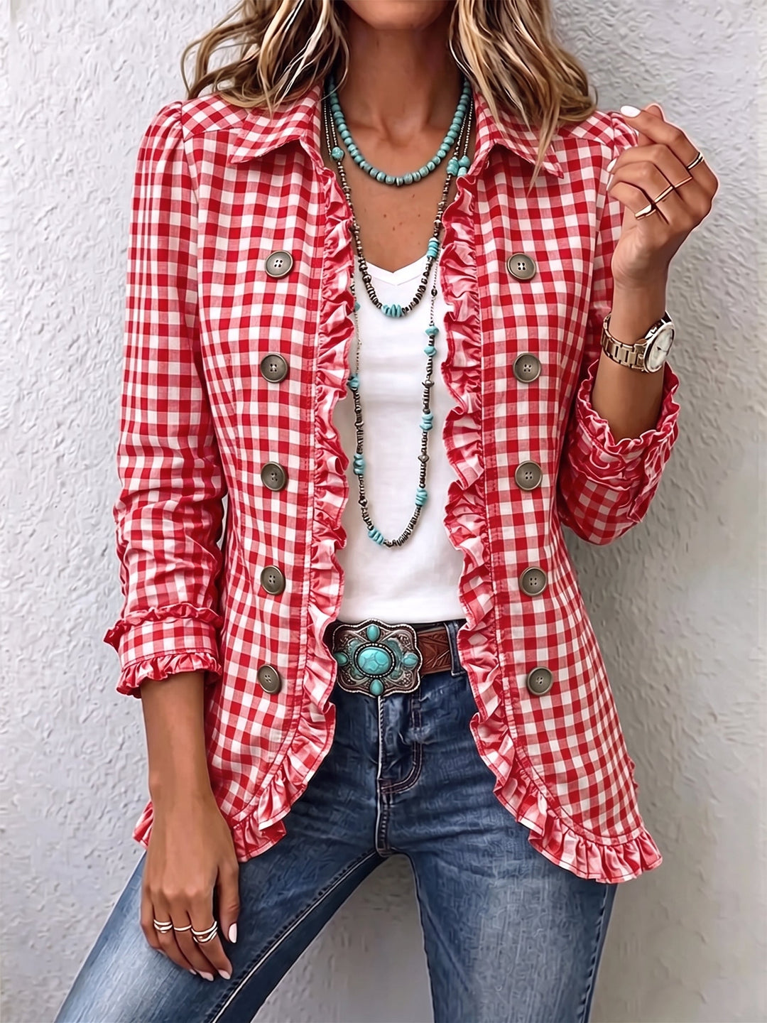 Almut | Jacke mit Vichykaro, Rüschen und Knopfleiste
