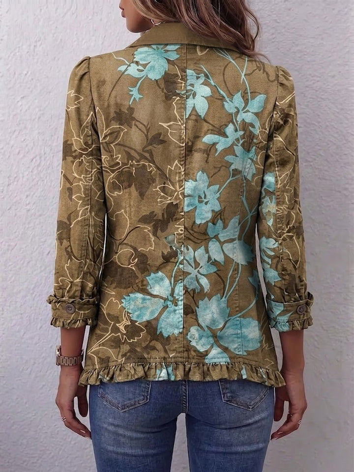 Imke | Blumenjacke im Vintage-Boho-Stil mit Farbverlauf und Rüschen
