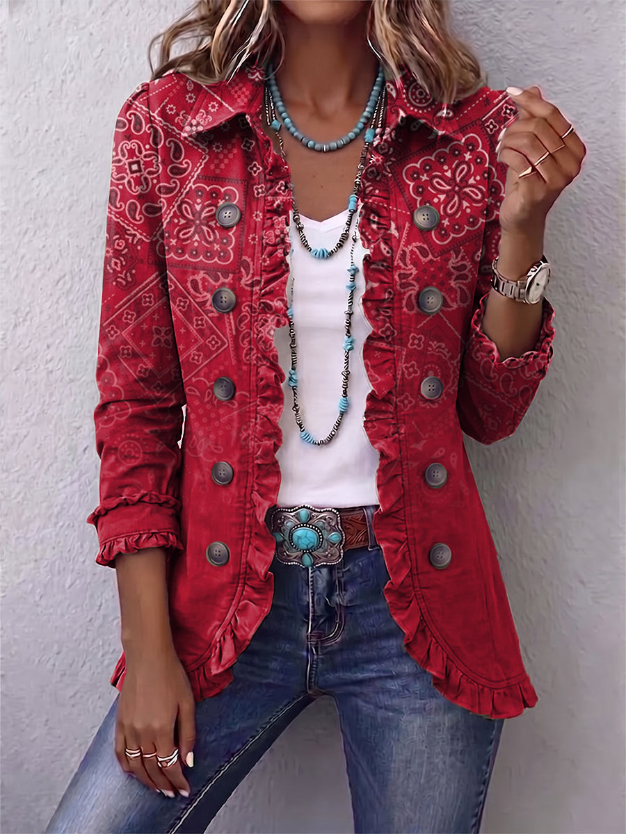 Finja | Jacke im Boho-Stil mit Paisley-Farbverlauf und Rüschen